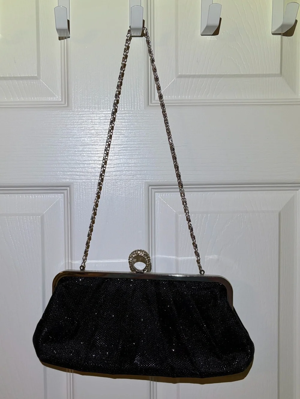 Jessica McClintock Sparkly Black Evening Clutch Rhinestone Finger Hold & Chain